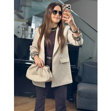 İnpoema Kolu Leopar Desenli Krem Blazer Ceket