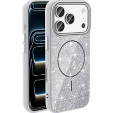 HTstore iPhone Uyumlu 17 Pro Kılıf M-Safe Şarj Özellikli Parlayan Simli Zore Okso Kapak-Beyaz