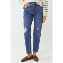 Hiccup Kadınlar Yırtık Detaylı Slim Fit Kot Pantolon Orta Mavi Denim