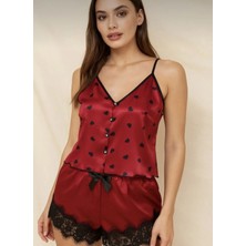 Mien Dantel İşlemeli Kalpli Saten Şortlu Pijama Takımı Bordo Renk