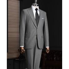 Italyan Stil Slim Fit Sivri Yaka Ceket Yelek Pantolon Takım Elbise Antrasit T14798