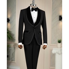 Italyan Stil Slim Fit Kadife Şal Yaka Ceket Yelek Pantolon Damatlık Set Siyah T14890