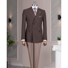 Italyan Stil Slim Fit Kruvaze Ceket Pantolon Kombin Takım Elbise Kahverengi  T14657