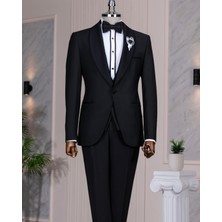 Italyan Stil Slim Fit Şal Yaka Ceket Yelek Pantolon Damatlık Set Siyah T14887
