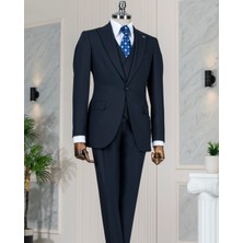 Italyan Stil Slim Fit Ceket Yelek Pantolon Takım Elbise Lacivert T13504