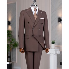 Italyan Stil Slim Fit 8 Drop Kruvaze Ceket Pantolon Takım Elbise Kahverengi T14589