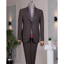 Italyan Stil Slim Fit Sivri Yaka Ceket Pantolon Takım Elbise Kahverengi T14766