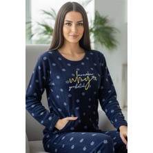 Lacivert Why Desenli Kanguru Cepli Peluş Polar Pijama Takımı
