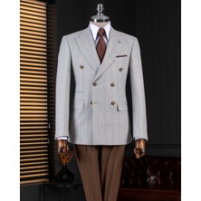 Italyan Stil Slim Fit Kruvaze Ceket Pantolon Kombin Takım Elbise Gri 14661