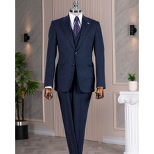 Italyan Stil Slim Fit Sivri Yaka Ceket Yelek Pantolon Takım Elbise Lacivert T14678