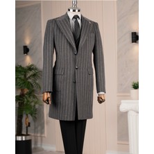 Italyan Stil Slim Fit Sivri Yaka Yün Karışımlı Kaşe Erkek Kaban Antrasit T14718
