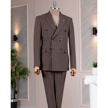 Italyan Stil Slim Fit Kruvaze Ceket Pantolon Takım Elbise Kahverengi T14622