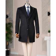 Italyan Stil Slim Fit Sivri Yaka Yün Karışımlı Kaşe Erkek Kaban Lacivert T14722