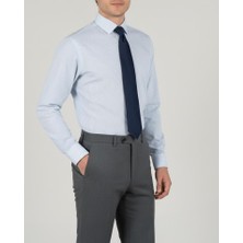 Italyan Stil Slim Fit Çizgili Kravat Yaka Erkek Gömlek Mavi T13801