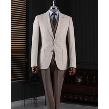 Italyan Stil Slim Fit Erkek Ceket Yelek Pantolon Takım Elbise Bej T14639