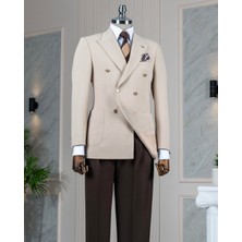 Italyan Stil Slim Fit Kruvaze Erkek Tek Ceket Bej T14234
