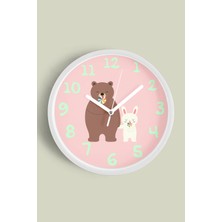 JHAAR Sevimli Tavşan Ve Ayı Çocuk Odası Modern Duvar Saati - 30cm - Önü Camlı Beyaz Kasa