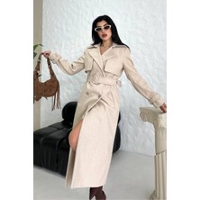 AKD Atelier Kadın Kaban Uzun Kaşe  Kuşaklı Düğmeli Cepli Kruvaze Premium Kaban