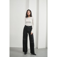 Hlt Jeans Siyah Kadın Yırtıklı Wide Leg Jean Yüksek Bel Palazzo Likrasız Pamuklu Kot Pantolon JESSİCA-2038