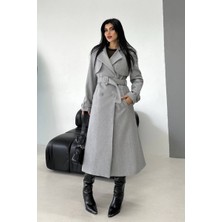 AKD Atelier Kadın Kaban Uzun Kaşe  Kuşaklı Düğmeli Cepli Kruvaze Premium Kaban
