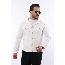 Comstar Erkek Trend Polo Yaka Slim Fit Denim Jeans Beyaz Kot Ceket