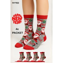 Saysez Unisex Yılbaşı Desenli 4'lü Paket Renkli Soket Çorap Christmas Happy New Year