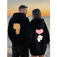 Nevermind Ayıcık Baskılı Kalpli Sevgili Kombini 2'li Oversize Unisex Kapüşonlu Sweatshirt Seti