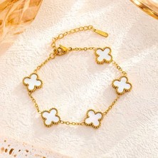 Vitrin Accessories Çelik Bileklik Dört Yapraklı Büyük Yonca Beyaz Sedef Taşlı Uzunluk 18 cm Gold