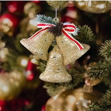 Yılbaşı Süsü Simli Kozalaklı Üçlü Çan Şampanya 12 Cm, Parlak ve Şık Dekorasyon Için