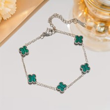 Vitrin Accessories Çelik Bileklik Dört Yapraklı Büyük Yonca Yeşil Çizgili Sedef Taşlı Uzunluk 18 cm Gümüş