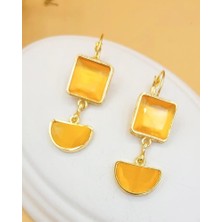 Nevoka Sarı Kedi Gözü Sıvama Altın Kaplama Iki Geometrik Şekilli Küpe