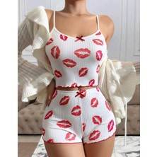 NemereSoft Kadın Beyaz Dudak Desenli Seksi Gecelik Takım 6642