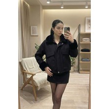 Famoda Kadın Ceket Relax Fit Kürklü Kol ve Yaka Detaylı Günlük Kadın Ceket