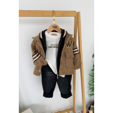 Miniğimin Cicileri W Panç Işleme Detaylı 4 Lü Erkek Çocuk Kapüşonlu takım - Toprak