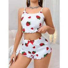 NemereSoft Kadın Beyaz Çilek Desenli Şortlu Pijama Takımı 5053