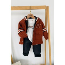 Miniğimin Cicileri W Panç Işleme Detaylı 4 Lü Erkek Çocuk Kapüşonlu takım - Kiremit