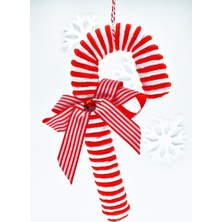 Kırmızı Fiyonklu 35 cm Şeker Kamışı Dekoratif Yılbaşı Süsü