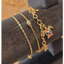 Olen Renkli Kaplumbağa Detaylı Gold 3’lü Bileklik Seti