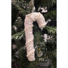 Incili Baston Şeker Yılbaşı Ağacı Süsü, Beyaz, Lüks ve Şık Dekorasyon Parçası