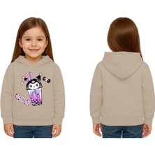 Sedirli Unisex Baskılı Çocuk Swaetshirt Kapüşonlu 3 Iplik Şardonlu Kuromi Baskılı