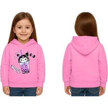 Sedirli Unisex Baskılı Çocuk Swaetshirt Kapüşonlu 3 Iplik Şardonlu Kuromi Baskılı
