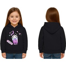 Sedirli Unisex Baskılı Çocuk Swaetshirt Kapüşonlu 3 Iplik Şardonlu Kuromi Baskılı