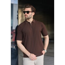 Madmext Kahverengi Yarım Fermuarlı Polo Yaka Erkek Kazak E7458