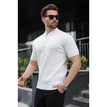 Madmext Beyaz Yarım Fermuarlı Polo Yaka Erkek Kazak E7458