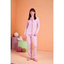 NemereSoft Pjs 28001 Kadın Uzun Kol Çizgili Önü Düğmeli Pijama Takım