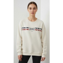 Giyim Dünyası Kadın Baskılı Şardonlu Üç Ip Şevval Sweatshirt Ekru