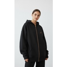 Giyim Dünyası Kadın Şardonlu Üç Ip Kapşonlu Fermuarlı Emma Sweatshirt Siyah