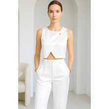 Nsm Asimetrik Saten Büstiyer Gold Düğmeli Crop Model Sade Şık Büsiyer
