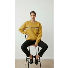 Giyim Dünyası Kadın Baskılı Şardonlu Üç Ip Şevval Sweatshirt Sarı