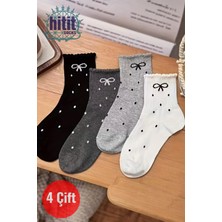 Hitit Socks Kadın 4 Çift Kurdale ve Puantiye Desenli Günlük Kullanıma Uygun Japon Tarzı Kolej Çorap